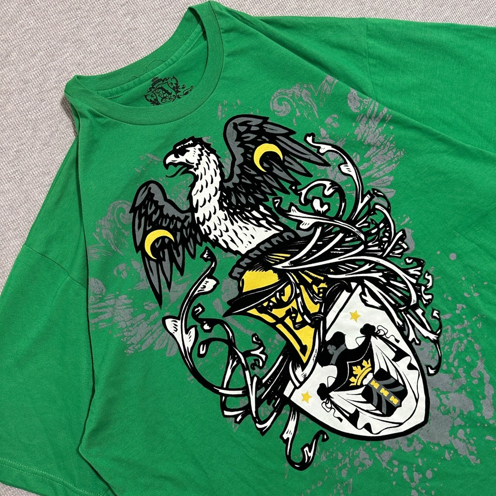 Y2K‎ Attitude Gold Eagle Crest Heraldic Graphic Tee Green Black Yellow 3XL